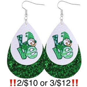 Faux Leather St Patrick’s Day Layered Green Glitter Gnome Love Shamrock Earrings